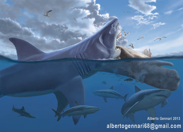 Мегалодон поедает кита. Палеохудожник Альберто Дженнари. Источник: http://dinosaurs.afly.ru/pisces/224-megalodon