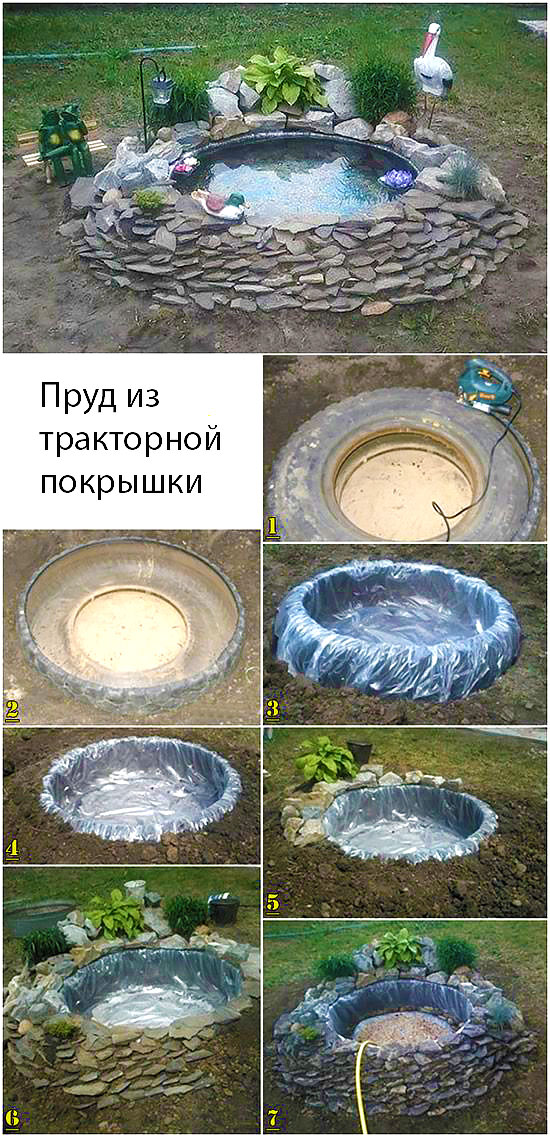 Как украсить пруд из покрышки своими руками