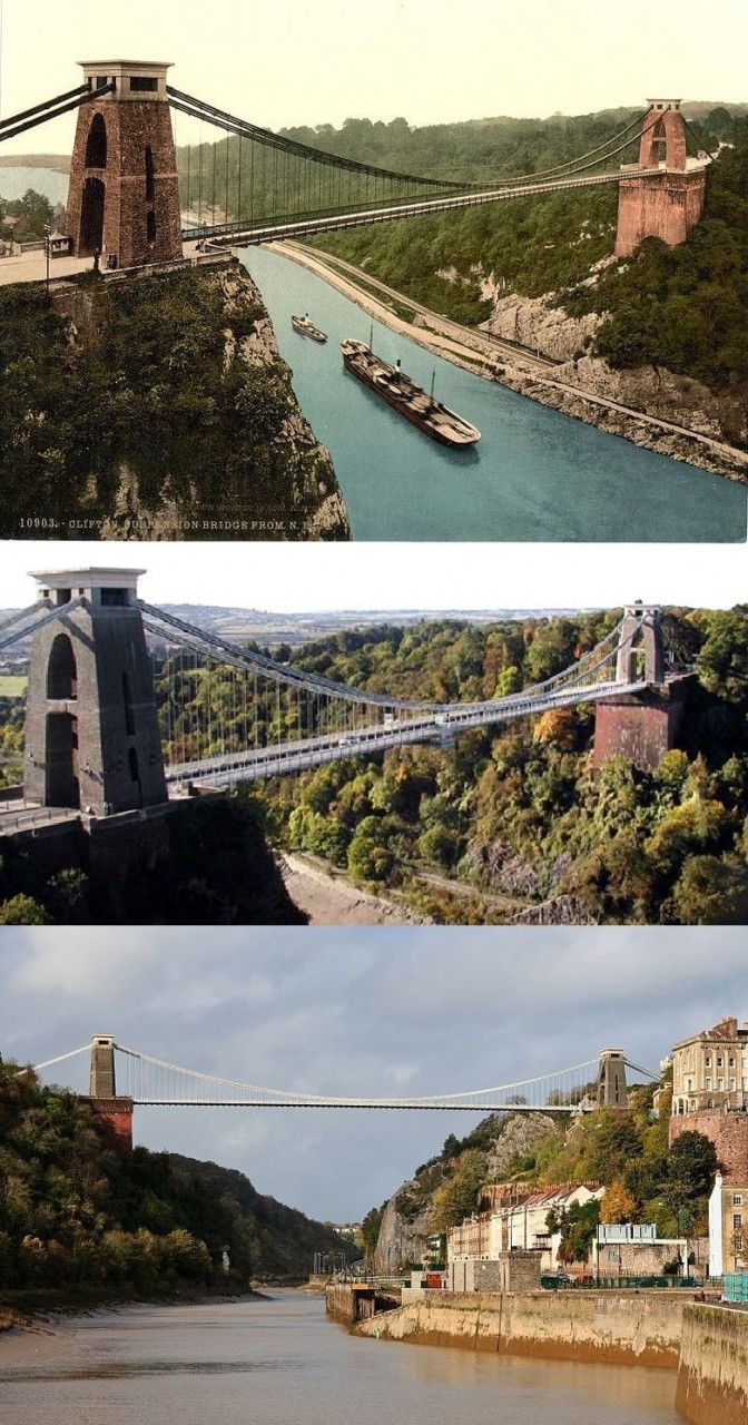 Клифтонский подвесной мост. Один из красивейших мостов Британии. Вверху старинная раскрашенная открытка. Ниже современное фото. Интересно, что первый банджи-прыжок в мире был сделан с именно этого моста в 1979 году с высоты более 76 метров. Брюнель, Грейт Истерн, викторианская эпоха, гений, история из жизни