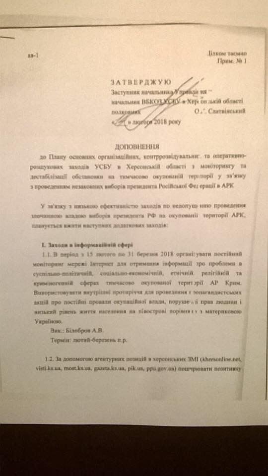 Украинские спецслужбы готовят серию провокаций в Крыму – документ Украинские спецслужбы готовят серию провокаций в Крыму – документ