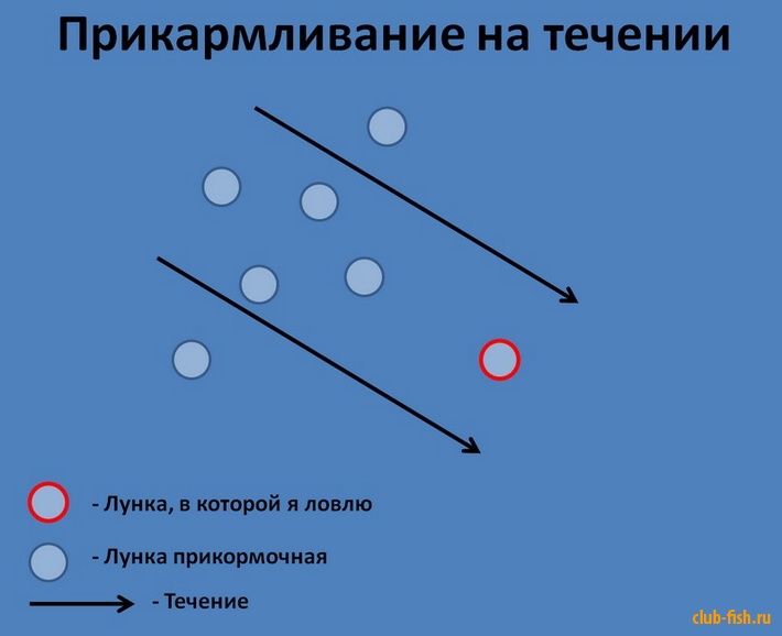 Некоторая хитрость зимней кормушки - Прикормка рыбы зимой на течении.