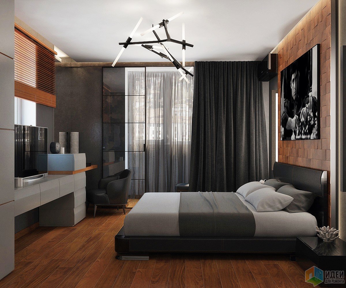 Дизайн спальни: Деревянные вливания в "черно-белое кино"
