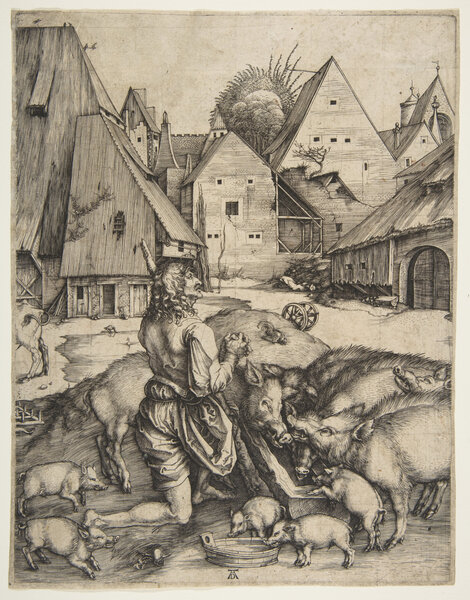 Блудный сын, кормящийся со свиньями. Альбрехт Дюрер, 1498