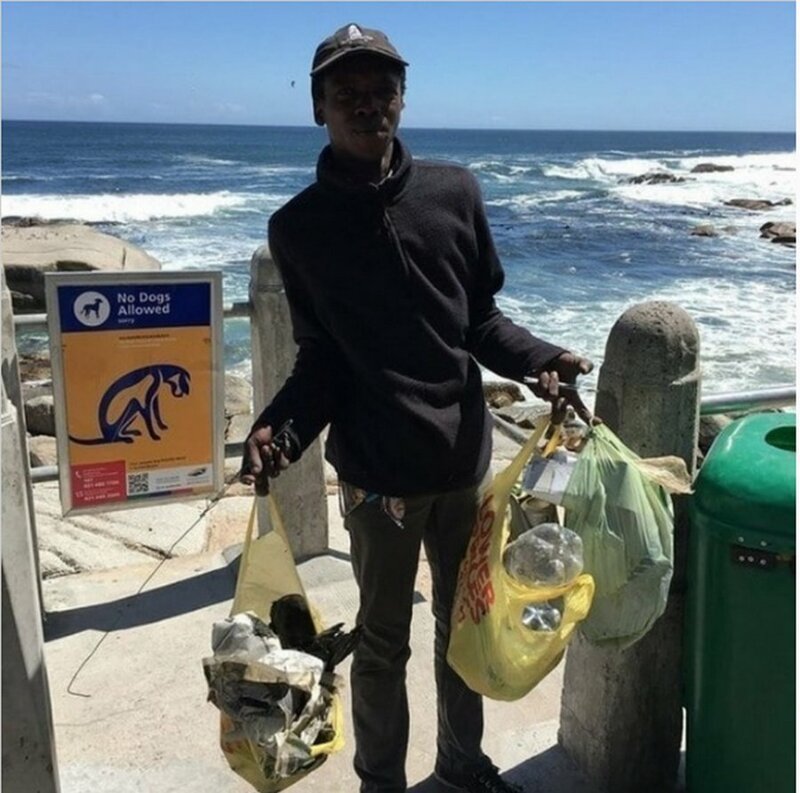 Бездомный убирает мусор на пляже совершенно бесплатно добро, доброта, животные, люди, поступок, спасение, человечность