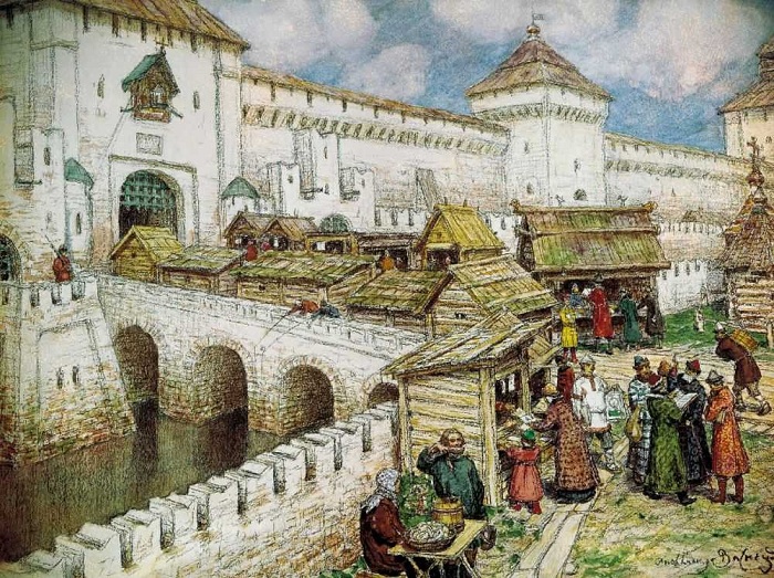 Книжные лавочки на Спасском мосту в XVII веке.(1916г.). Автор: Аполлинарий Васнецов. Книжные лавочки на Спасском мосту в XVII веке.(1916г.). Автор: Аполлинарий Васнецов.