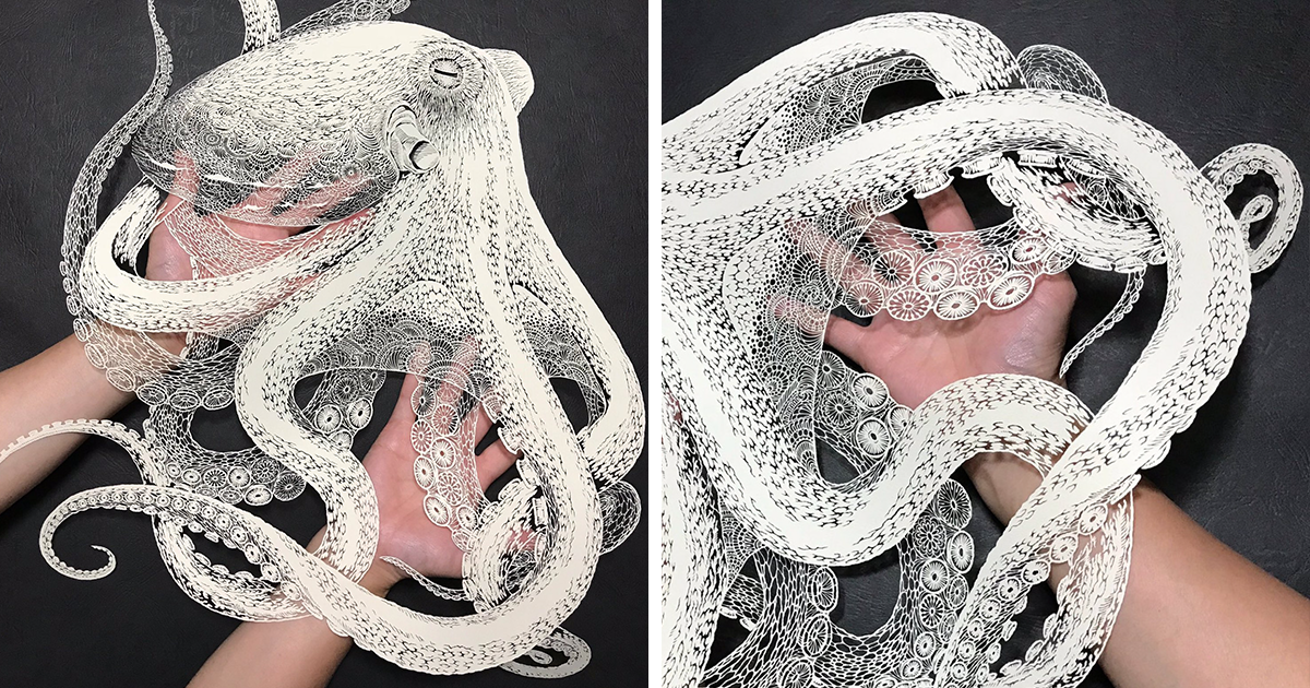 Japanese Artist Hand-Cuts Octopus From A Single Sheet Of Paper, And It’s Even More Impressive From Up Close