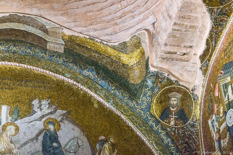 Сон Иосифа. Мария в окружении двух спутников. Путешествие в Вифлеем. Мозаики и фрески монастыря Хора.