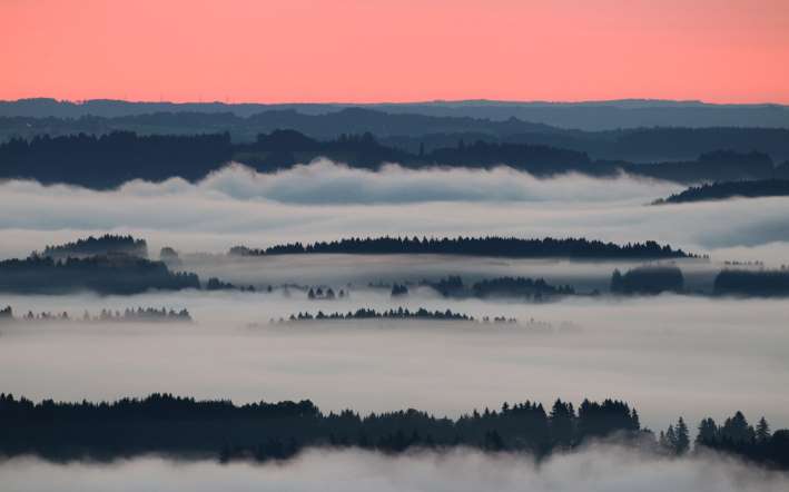 Morning fog covers the valleys near Bernbeuren, southern Germany, at sunrise early Thursday June 26, 2014