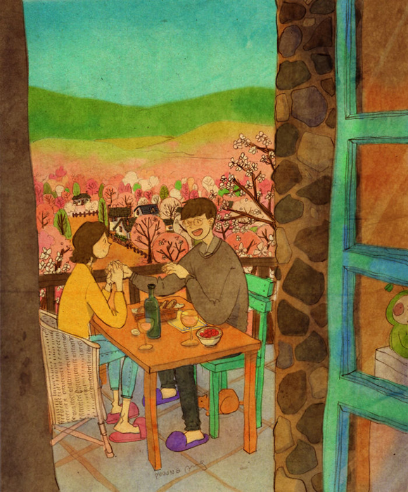 Любовь - это обедать вместе в романтической обстановке. Love Is... Любовь в мелочах на иллюстрациях повседневной жизни влюбленной парочки