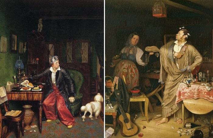 П. Федотов. Слева – Завтрак аристократа, 1849-1850. Справа – Свежий кавалер, или Утро чиновника, получившего первый крест, 1848 | Фото: fb.ru и ucoz.ru П. Федотов. Слева – Завтрак аристократа, 1849-1850. Справа – Свежий кавалер, или Утро чиновника, получившего первый крест, 1848 | Фото: fb.ru и ucoz.ru