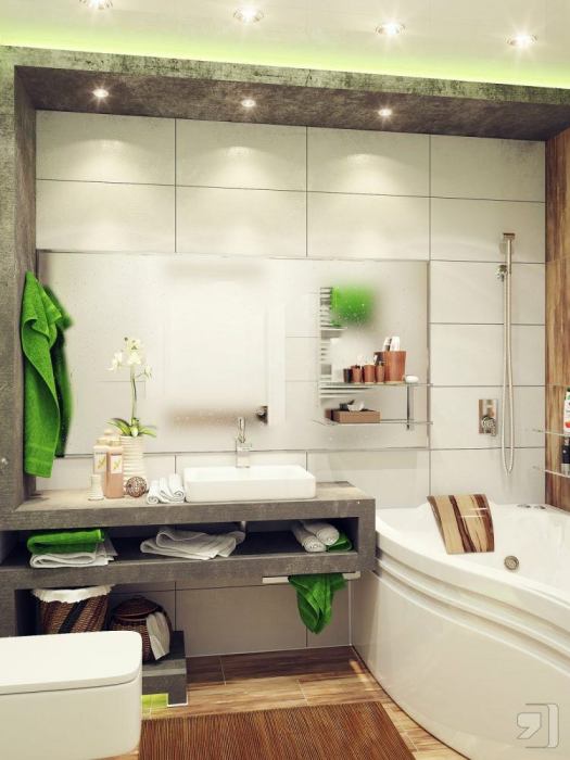 Современный интерьер ванной комнаты с неоновой подсветкой - отличное решение для малогабаритной квартиры. 