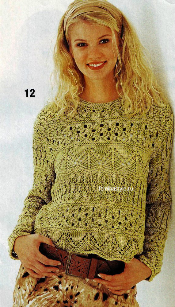 Ажурный пуловер цвета хаки спицами