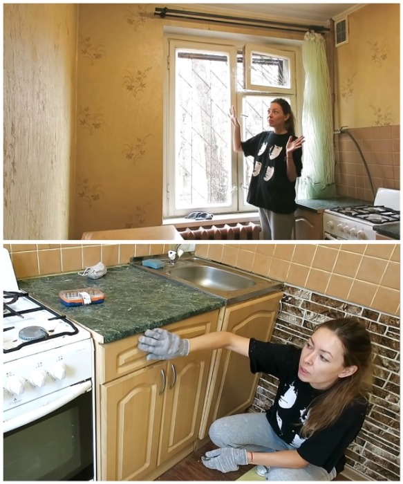 Анна решила снять старые обои и пленку МДФ с мебели. | Фото: youtube.com/ Anna_Studio. Анна решила снять старые обои и пленку МДФ с мебели. | Фото: youtube.com/ Anna_Studio.