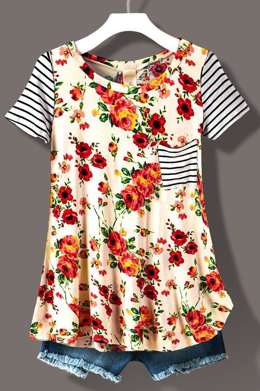 Colorful floral print tee with stripes contrast (ivory and white). - 95% RAYON, 5% SPANDEX