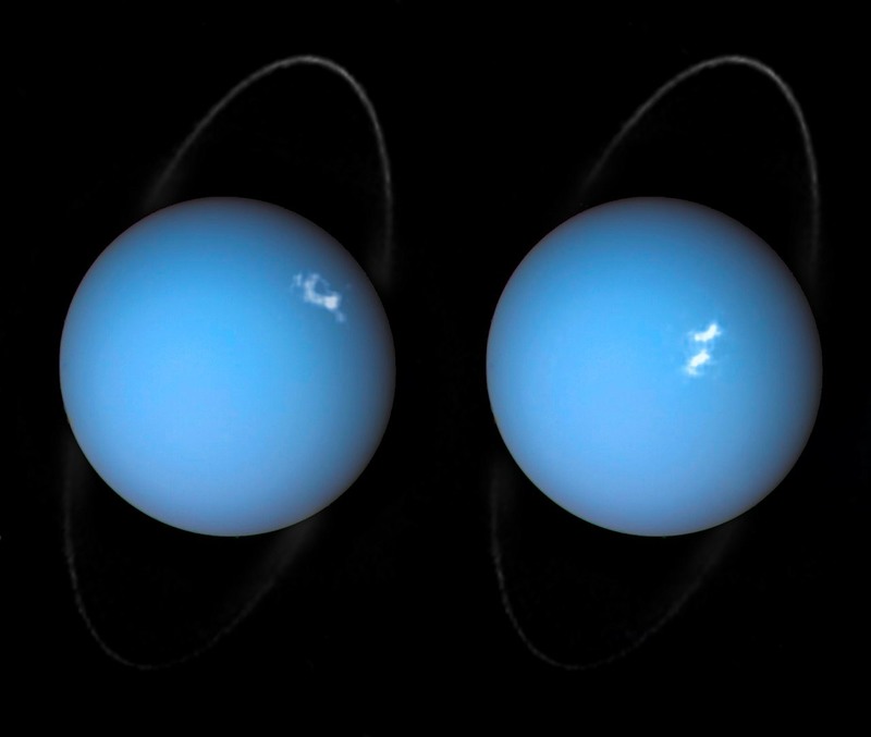 A composite image of auroras on Uranus, using images from Voyager 2 and the Hubble Space Telescope.