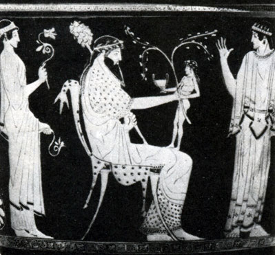 106. Зевс с младенцем Дионисом (возможно, Дионис и Энопион). Фрагмент кратера. Около 465 г. до н. э. Феррара. Археологический музей