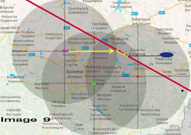 Расположение комплексов «Бук» в районе, над которым проходила трасса полёта MH17