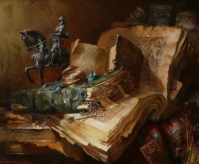 Старинные книги и статуэтка рыцаря. Автор: Иван Славинский Иван Славинский, он же Марина Иванова, он же «Слива»: почему русский художник подписывал картины именем жены