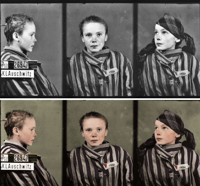 «Полицейский снимок» 14-летней узницы Освенцима - девочки Чеславы Квока, сделанный польским фотографом-заключенным Вильгельмом Брассе. «Полицейский снимок» 14-летней узницы Освенцима - девочки Чеславы Квока, сделанный польским фотографом-заключенным Вильгельмом Брассе.