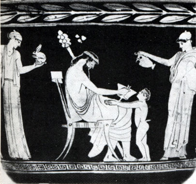 111. Дионис с сатирами и менады. Фрагмент росписи кратера стиля Полигнота. Около 440 г. до н. э. Компьень. Музей