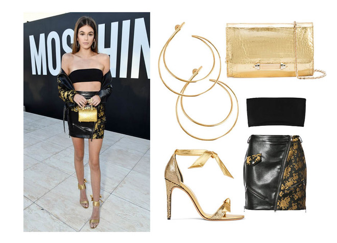 Юбка Moschino, топ Balmain, босоножки Alexandre Birman, сумка Judith Leiber Couture Alexandre Birman, серьги Misho Как повторить лучшие образы Кайи Гербер? (фото 8)