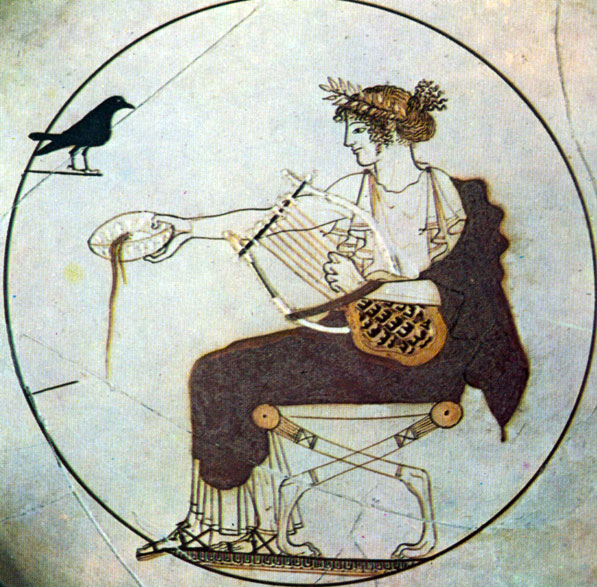 90. Аполлон, изливающий жертвенное вино. Роспись килика из Дельф. Около 470 г. до н. э