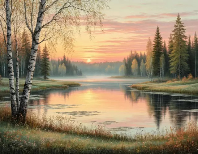 Весенний пейзаж на рассвете, лес, озеро, пастель