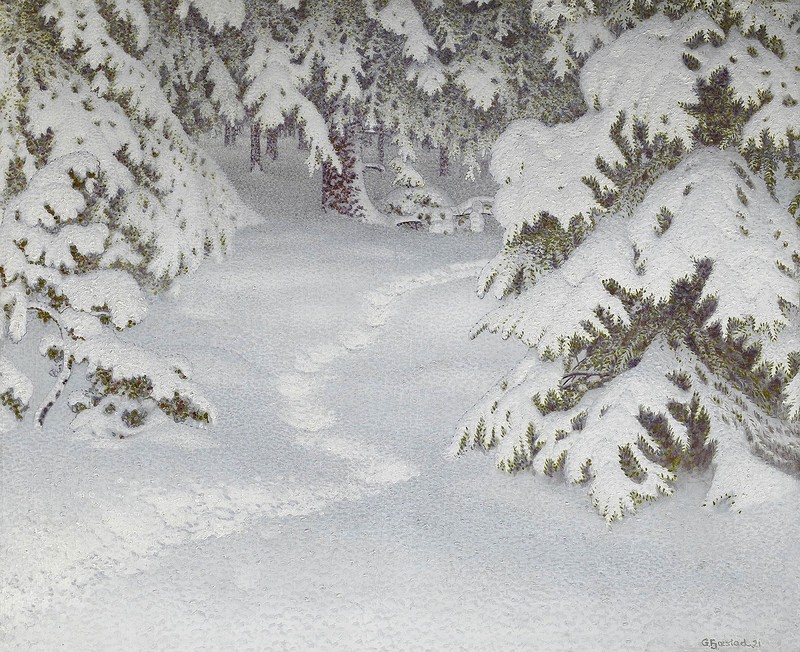 Gustaf Fjaestad. Зимний пейзаж с деревьями, покрытыми снегом. 1921.jpg