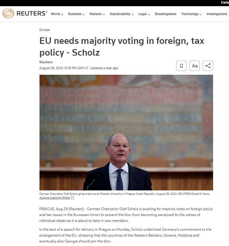 "ЕС нуждается в голосовании большинства во внешней налоговой политике". Шольц.