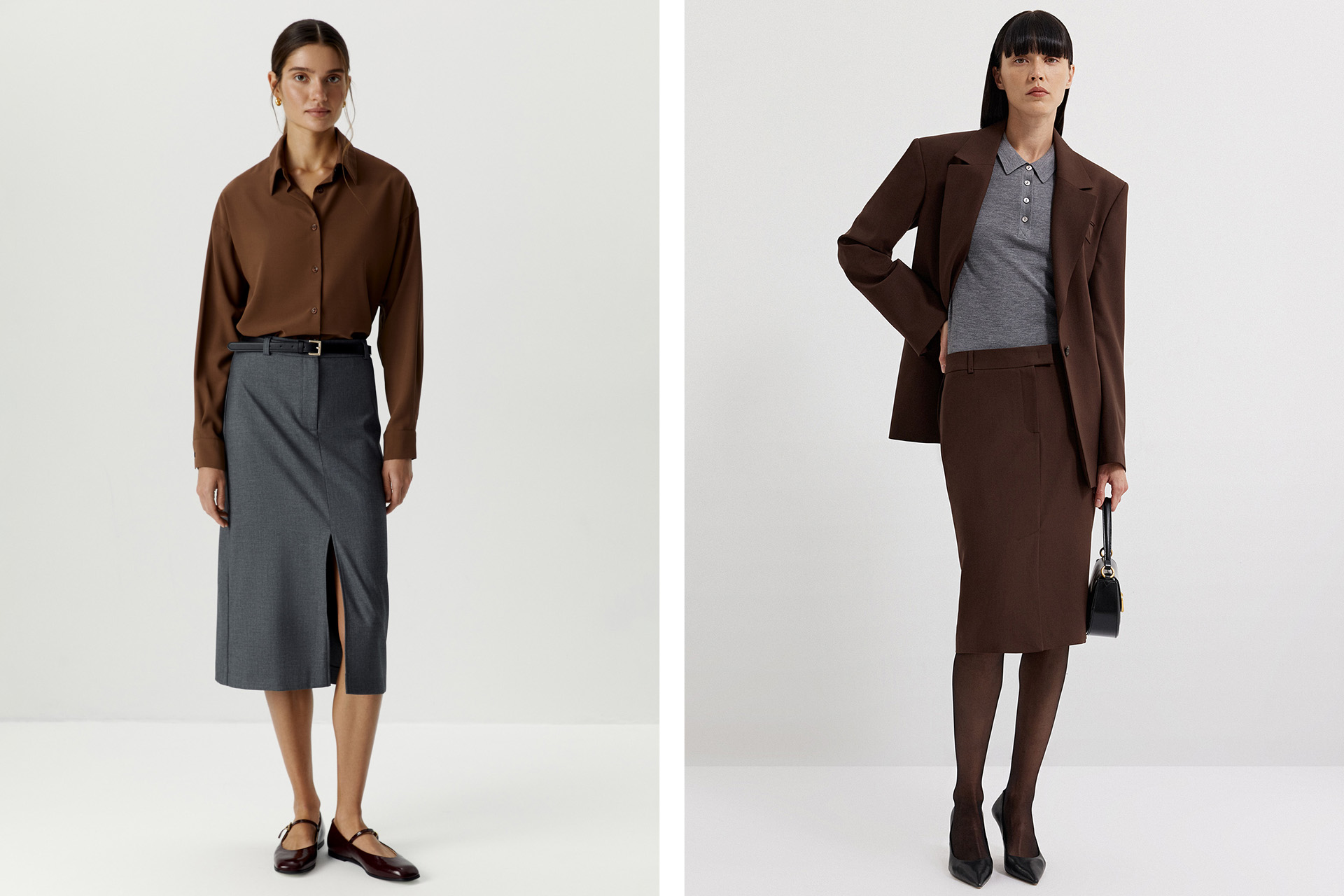 Слева: юбка из костюмной ткани до колена (тёмно-серый меланж) / юбка-миди с вирджинской шерстью