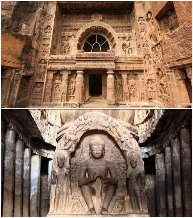 Статуи Будды и филигранные резные узоры украшают буддистские монастыри, созданные в глубине скал (Эллора, Индия). 