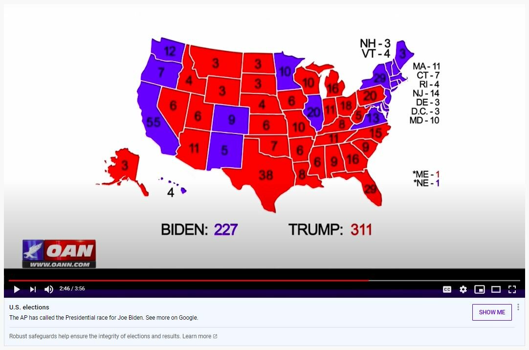Фрагмент видео, которое мы не смогли сразу посмотреть в Ютубе. 311 голосов в пользу Трампа - это самый оптимистичный прогноз канала. Главное - набрать минимум 270 из 538 электоральных голосов. Скриншот автора. 