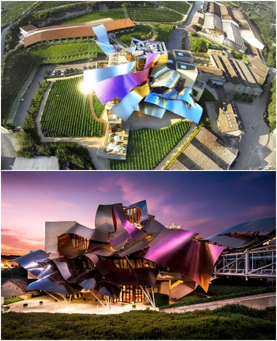 Построенный по проекту архитектора Фрэнка Гери, футуристический отель Marques de Riscal славится полной умиротворенностью и превосходной кухней (Испания).