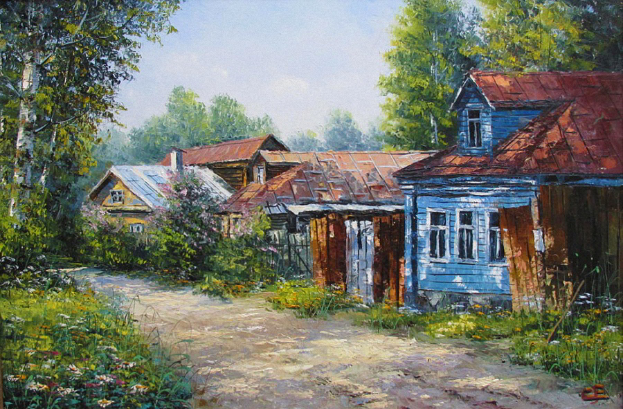 Картина маслом домик в деревне