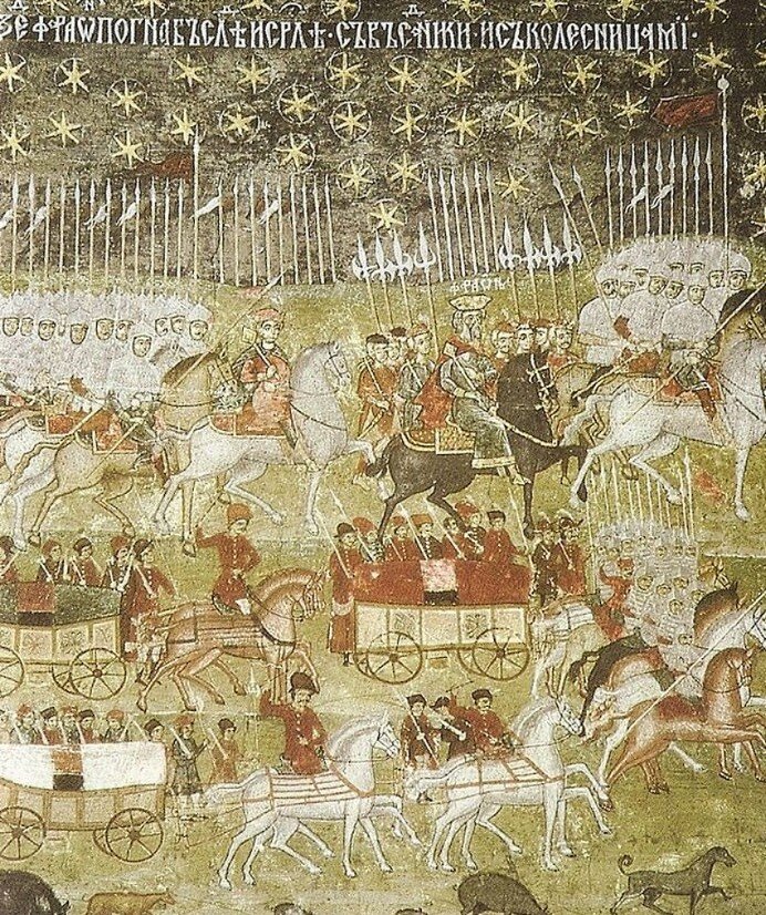 Молдавская армия в походе. Среди воинов есть и аркебузиры. Фреска из Воронецкого монастыря в Молдове.