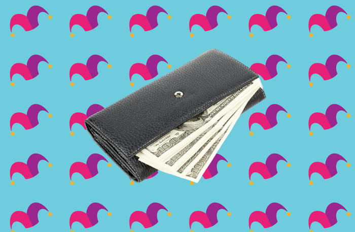 A wallet with a fan of five bills coming out of it