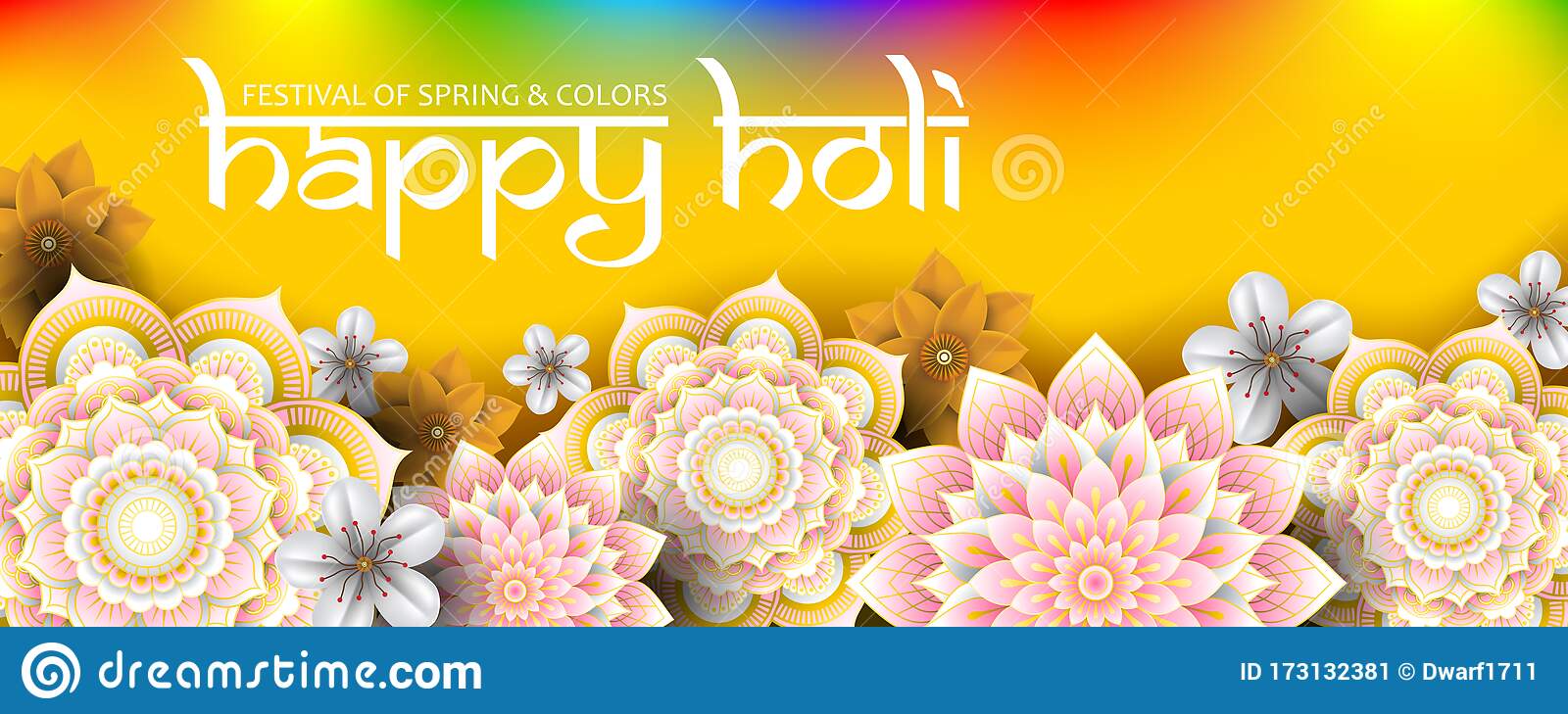 Happy Holi festival of spring and colors vector banner template with flowers and mandalas on rainbow background