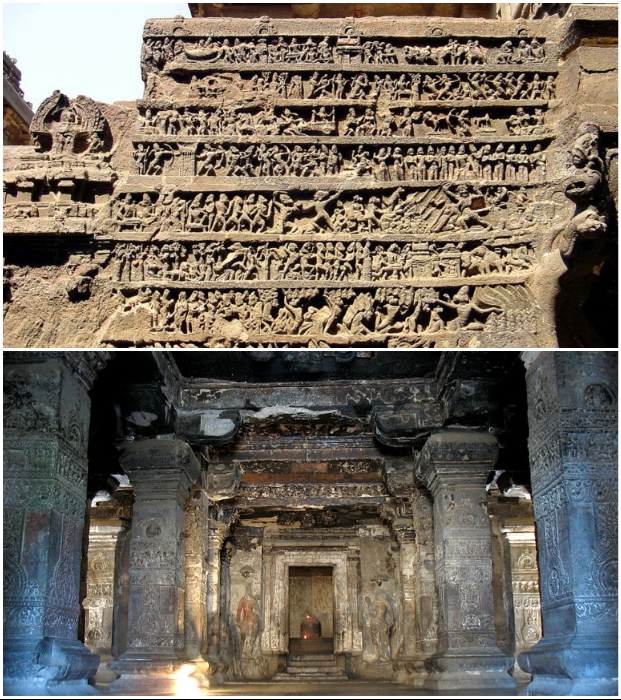 Каждый элемент уникального храма украшен резьбой и горельефами (Эллора, Индия). 