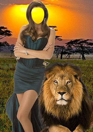 женский фотошаблон Девушка и лев