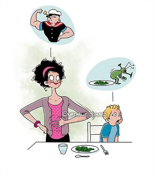 В вынуждены есть брокколи, даже если вы его ненавидите, чтобы подать хороший пример ребёнку Натали Жомар, воспитание, дети, иллюстрация, художник, юмор