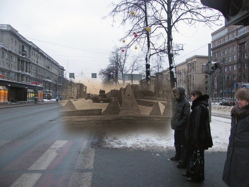 Ленинград 1942-2010 Угол Московского проспекта и улицы Решетникова. Танки Т-34-76 блокада, ленинград, победа