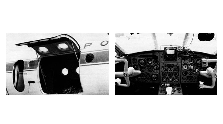 Слева: Грузовой люк самолета Як-40К. Справа: Пилотская кабина Як-40 (борт СССР-88276)