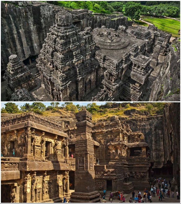 29-метровый главный индуистский храм возвышается над скальным комплексом (Кайласанатха, Индия).