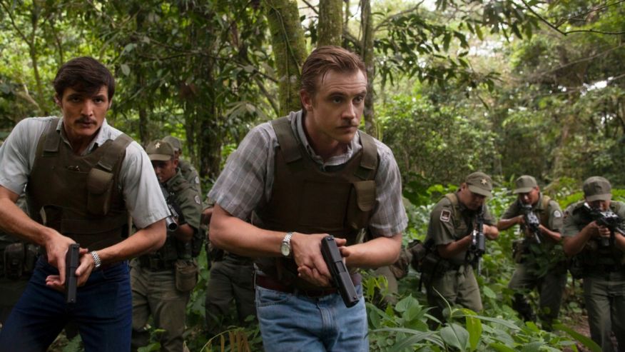 This undated production photo provided by Netflix, shows actors Pedro Pascal, left, as Javier Pena, and Boyd Holbrook as Steve Murphy in the Netflix Original Series 