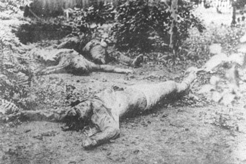 Харьков, двор чрезвычайки. Труп заложника И. Пономаренко, бывшего телеграфиста. Правая рука обрублена. Поперек груди несколько глубоких надрезов. На заднем плане еще два трупа. 