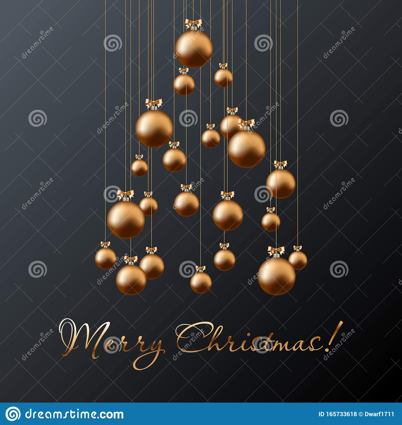 Christmas tree from gold balls and Merry Christmas golden handwritten calligraphic lettering on black background. Square social media post or banner vector template.
