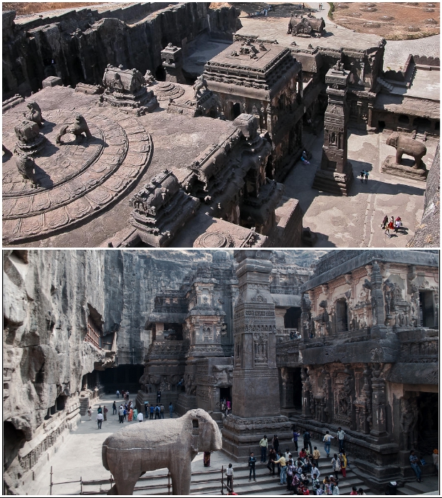 Уникальность Храма Кайласанатха состоит в том, что его вырубили из монолитной скалы сверху вниз (Эллора, Индия).