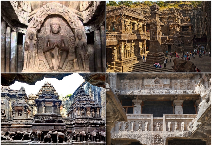 В скальной породе на протяжении 2 км созданы 34 храма для последователей сразу трех религий (Эллора, Индия).
