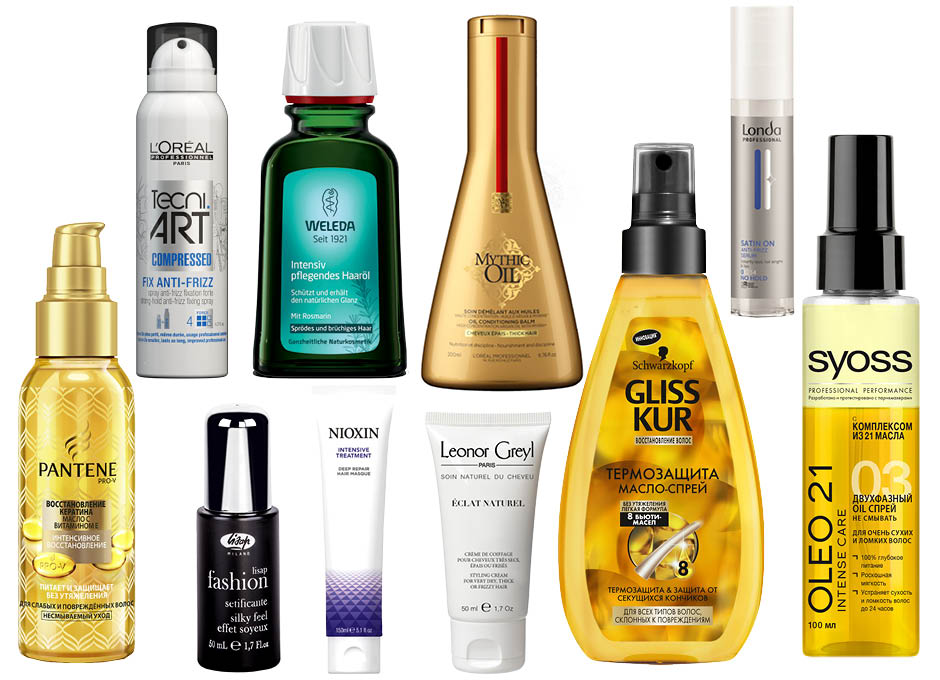 1. Pantene Pro-V Интенсивное восстановление; 2. L'Oreal Professionel Techni.Art Fix Anti-Frizz; 3. Weleda Intansiv; 4. L'Oreal Professionnel Mythic Oil; 5. Gliss Kur Термозащита-спрей; 6. Londa Professional Satin On; 7. Syoss Двухфазный oil-спрей; 8. Leonor Greyl Eclat Naturel Крем-блеск; 9. Nioxin Intensive Treatment Deep Repair Hair Masque; 10. Lisap Fashion Silky Feel 
