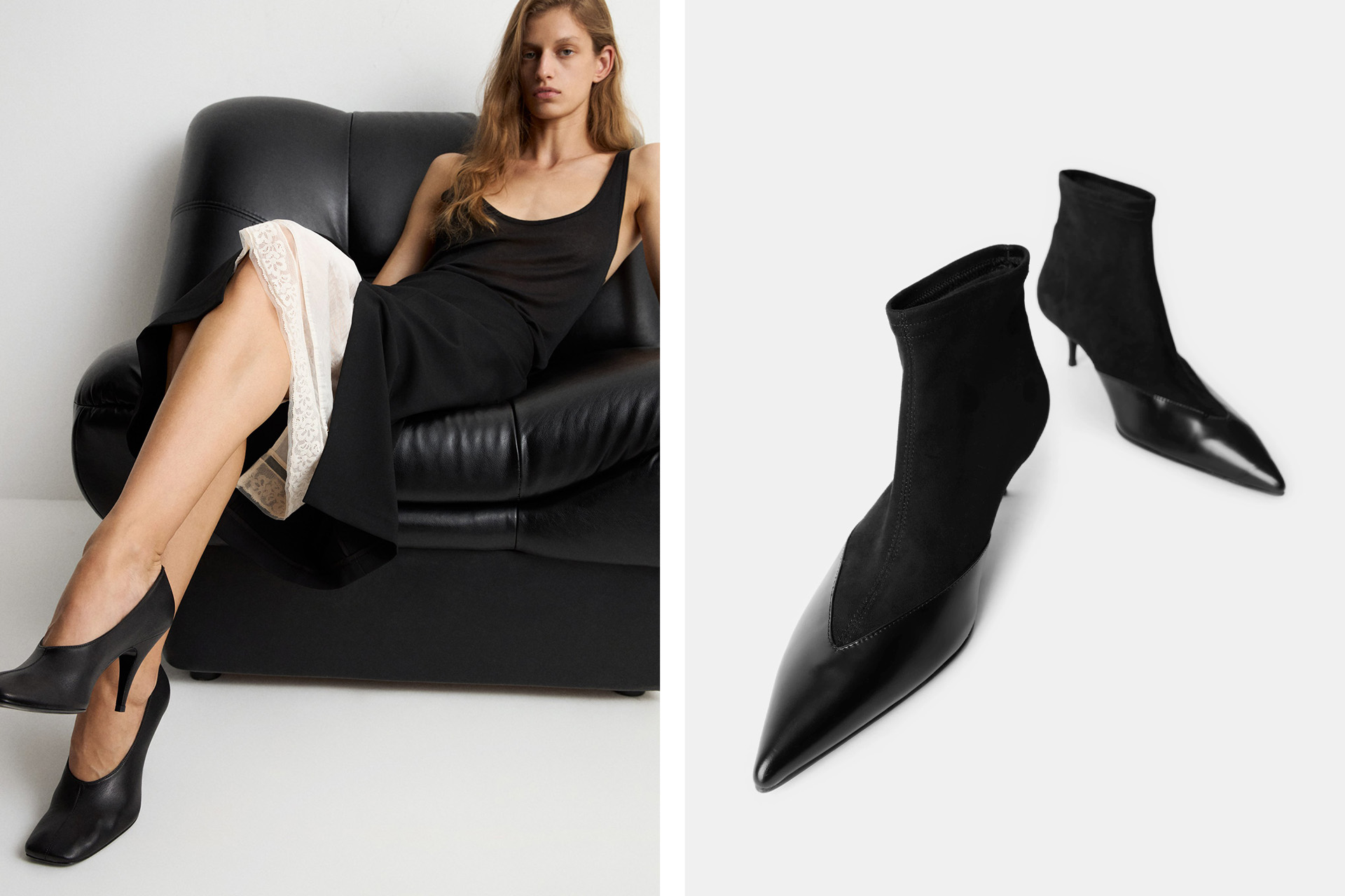 Слева: кожаные туфли с квадратным мысом / ботильоны из замши с кожаным мысом